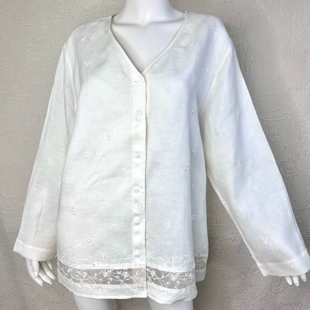 Talbots VTG Linen & Silk Embroidered Button Down Blouse